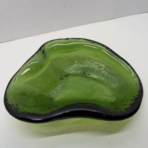 BLENKO Vintage Green Glass Free Form Amoeba Bowl Ashtray Trinket Dish MCM